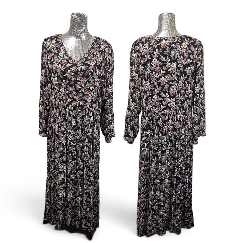 Starina Large Black Floral Long Sleeve Maxi Dress Rayon Cottagecore Pockets